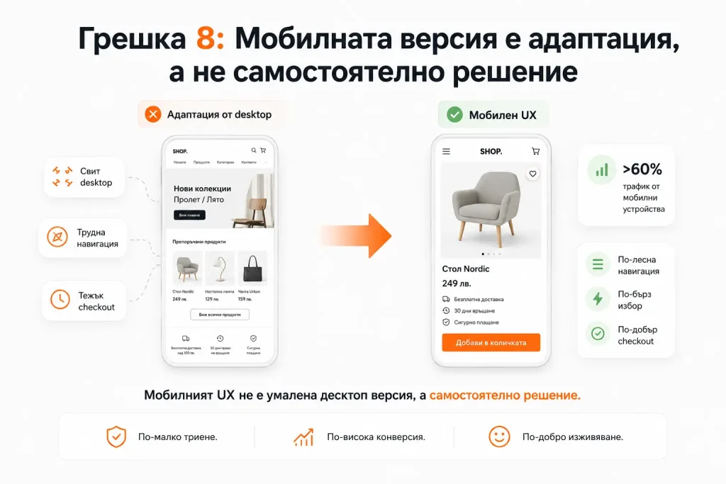 Мобилният UX изисква отделно мислене, не просто "свиване" на десктоп версията.