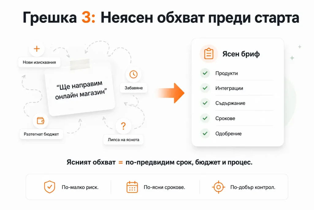 Когато обхватът не е ясно дефиниран, кои функционалности са включени, кои не, кой доставя съдържанието, кои интеграции са необходими, проектът тръгва нестабилно.