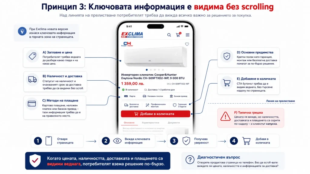 Ключовата информация в продуктовата страница е видима без scrolling