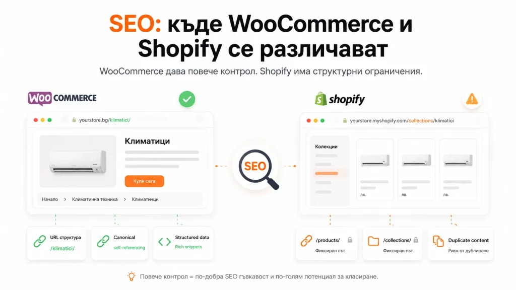 WooCommerce дава пълен контрол върху всичко, свързано с SEO. При Shopify URL структурата е частично фиксирана.