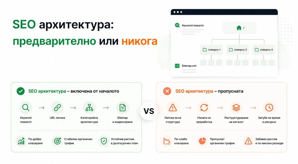 Магазини, при които SEO е основен канал за трафик, не могат да си позволят да пропуснат тази фаза, тъй като тя е определяща за дългосрочното развитие на вашия магазин.