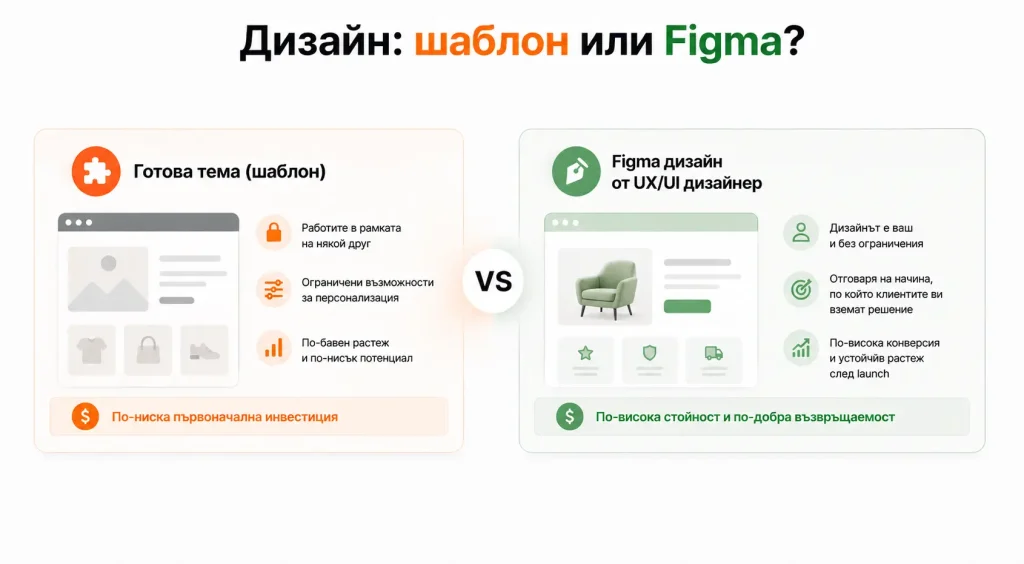 При готова тема работите в рамката на някой друг. При Figma проект дизайнът е ваш - и може да отговаря точно на начина, по който вашите клиенти вземат решение за покупка.