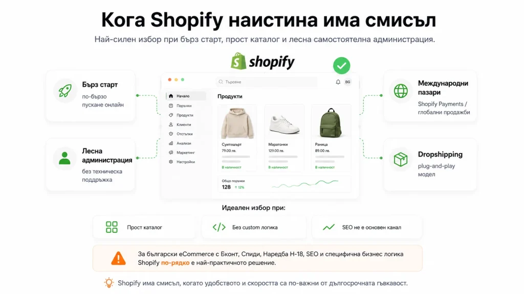 При бизнес с прост каталог, без нужда от custom логика и без сериозни SEO цели, Shopify предлага по-бързо стартиране и по-лесна самостоятелна администрация.