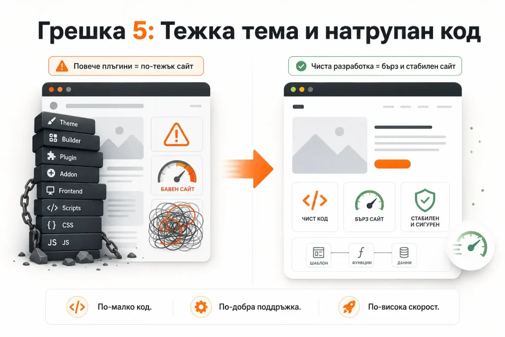 Многофункционалните теми от marketplace - Divi, Avada, BeTheme, комбинации от Elementor Pro с Crocoblock, предлагат много опции. Но всяка опция идва с код, зареждан независимо дали се използва.
