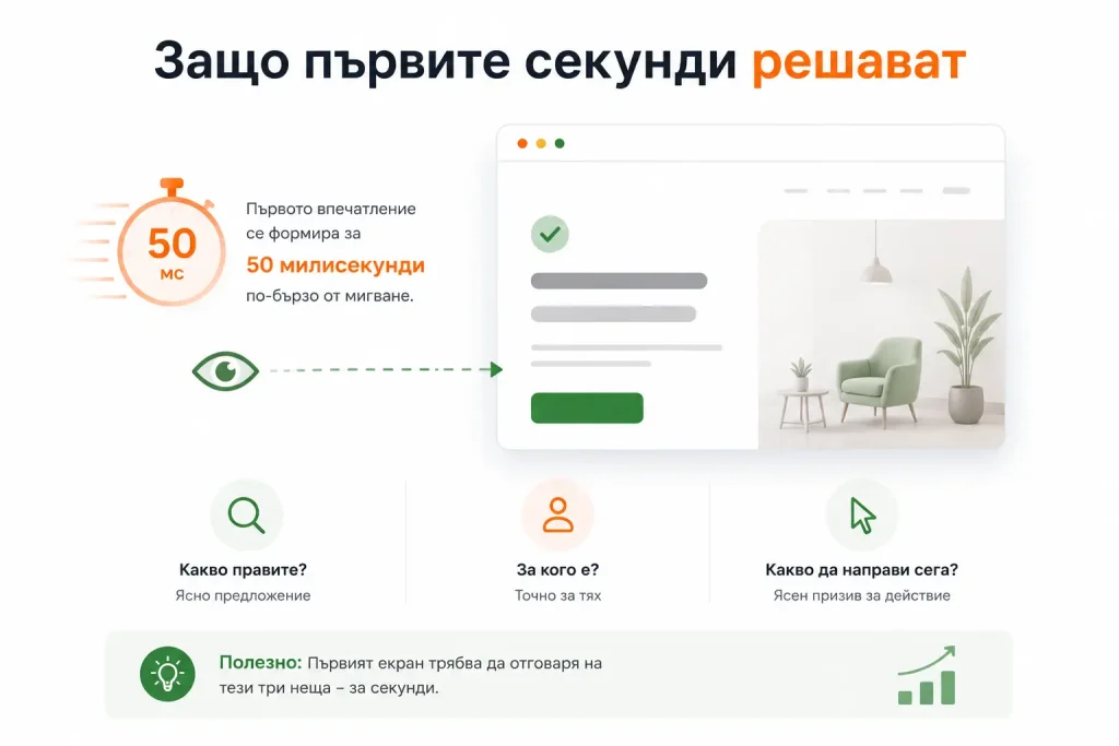 Посетителят не чете сайта Ви отначало докрай. Той го сканира, преценява и решава дали да остане - и го прави поразително бързо.