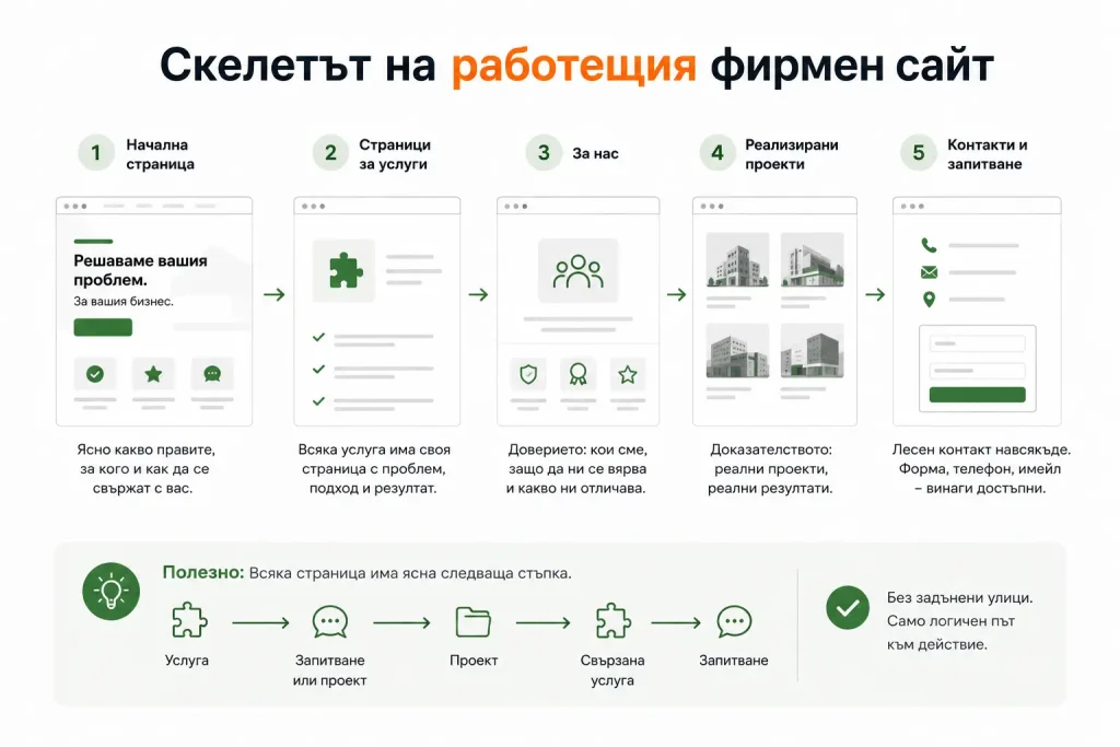 Няма една единствена правилна структура. Но има логика, която работи за повечето фирмени сайтове за услуги. Ето я по страници и по реда, в който посетителят обикновено ги обхожда.