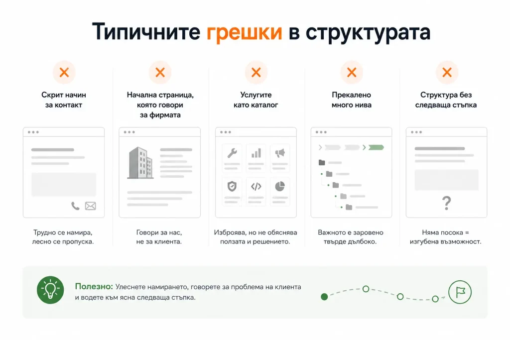 Повечето проблеми с фирмените сайтове се свеждат до няколко повтарящи се структурни грешки.