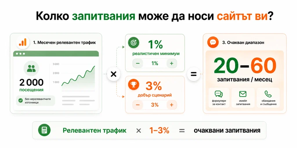 таблица-калкулатор с три реда трафик (300, 700, 2000 месечни посетители) срещу три колони конверсия (1%, 2%, 3%)